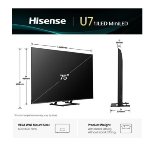 Hisense U7Q 75U79Q, 190,5 cm (75?), 3840 x 2160 Pixel, QLED, Smart TV, Wi-Fi, Nero